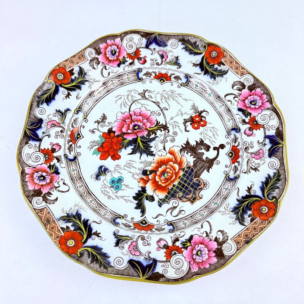 Cauldon England Antique Porcelain Floral Imari Scalloped Plate Pink Orange Blue